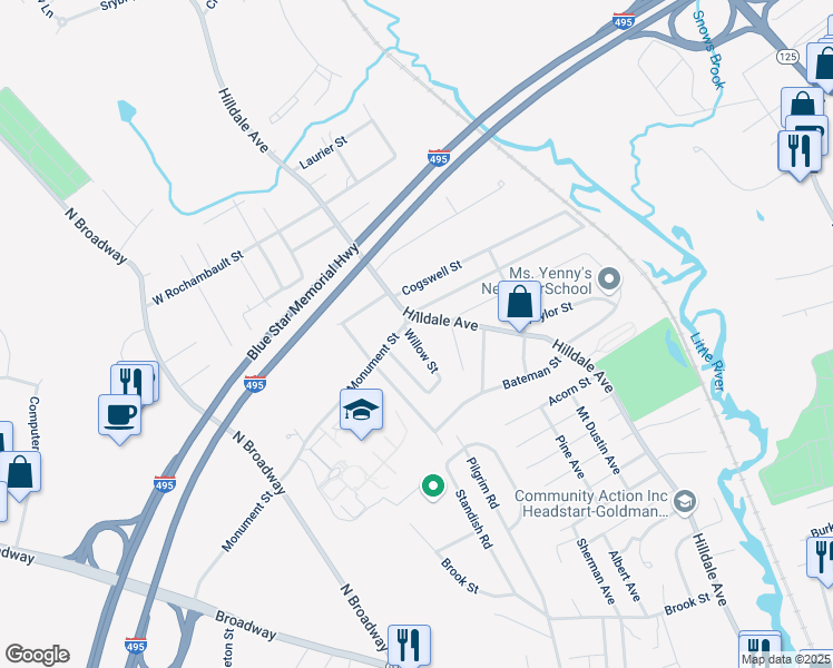 map of restaurants, bars, coffee shops, grocery stores, and more near 486 Hilldale Avenue in Haverhill