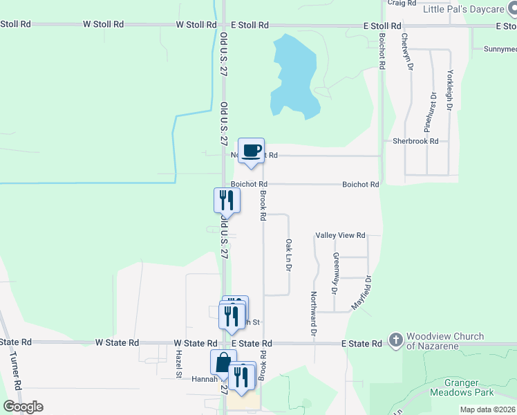 map of restaurants, bars, coffee shops, grocery stores, and more near 15600 Brook Road in Lansing
