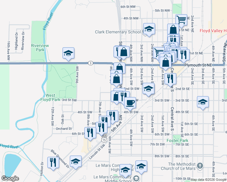 map of restaurants, bars, coffee shops, grocery stores, and more near 101-199 6th Avenue Southwest in Le Mars