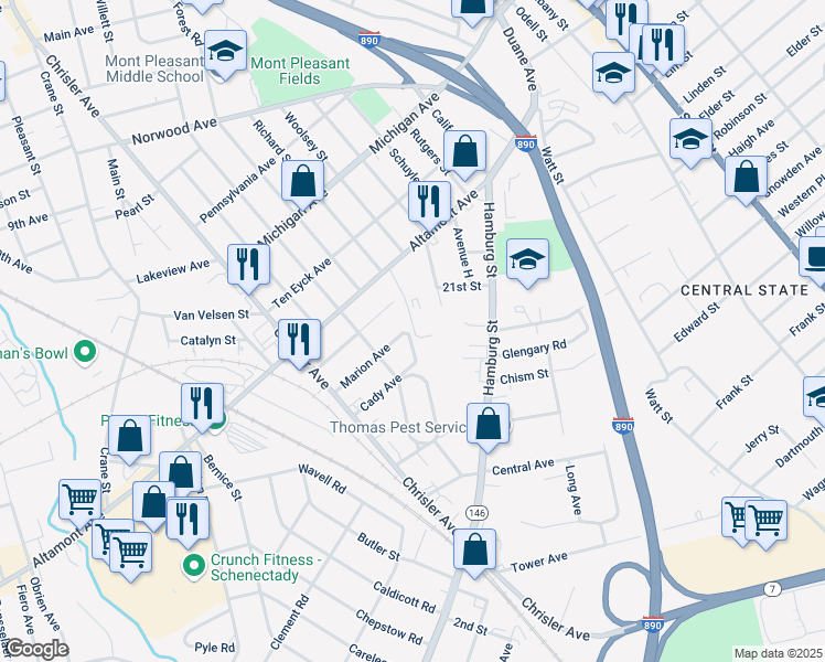 map of restaurants, bars, coffee shops, grocery stores, and more near 1751 Saint Mary South Lane in Schenectady