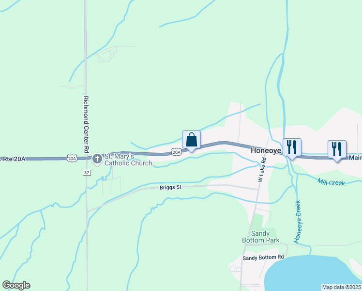map of restaurants, bars, coffee shops, grocery stores, and more near 8866 Main Street in Honeoye