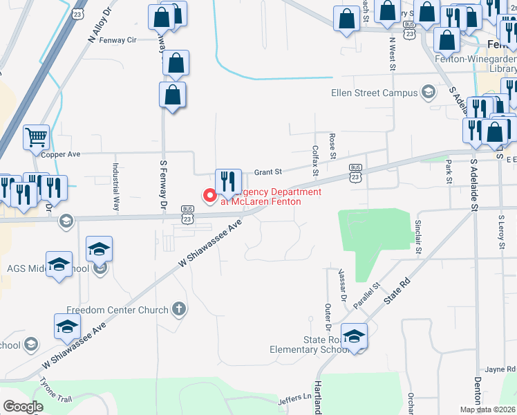map of restaurants, bars, coffee shops, grocery stores, and more near 917 West Shiawassee Avenue in Fenton