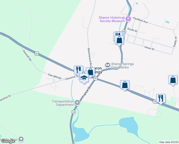 map of restaurants, bars, coffee shops, grocery stores, and more near 109 Beechwood Road in Sharon Springs
