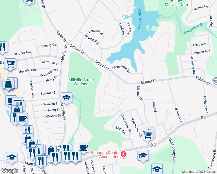 map of restaurants, bars, coffee shops, grocery stores, and more near 13 Therriault Avenue in Salem
