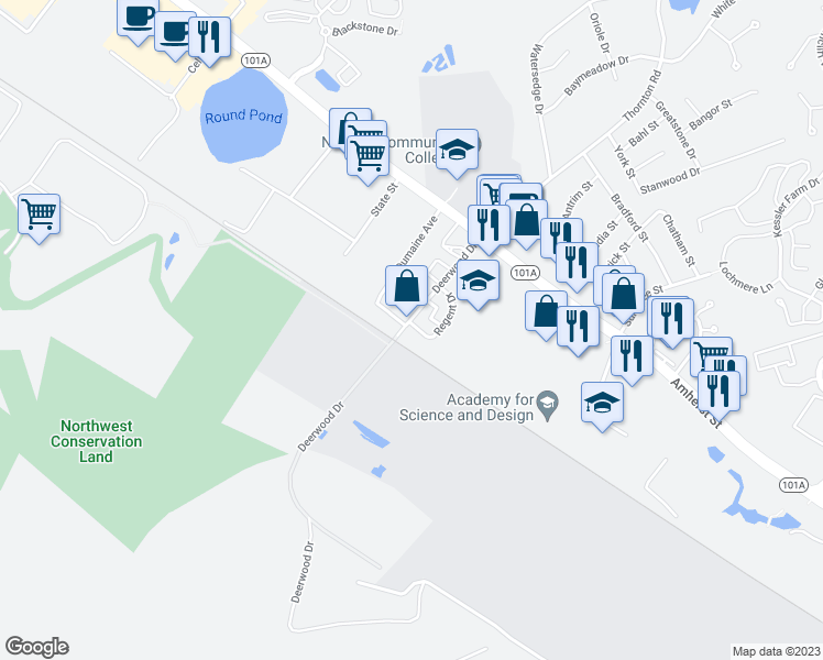 map of restaurants, bars, coffee shops, grocery stores, and more near 108 Squire Drive in Nashua