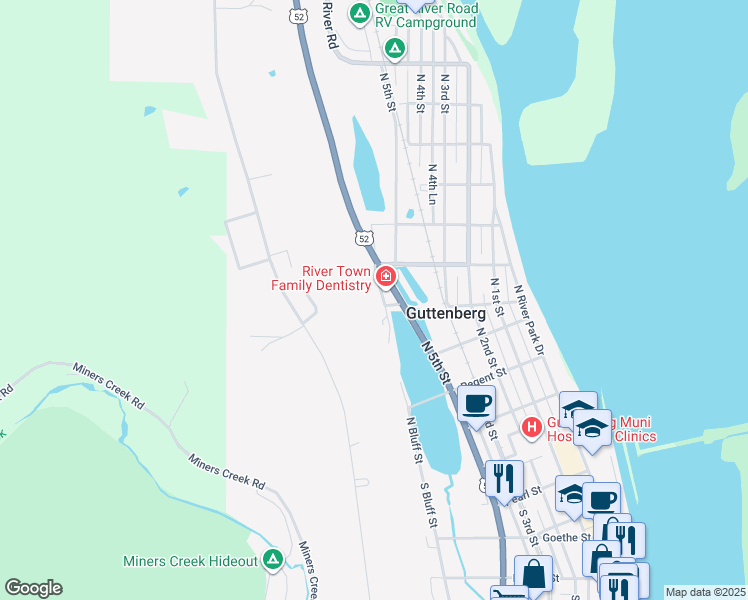 map of restaurants, bars, coffee shops, grocery stores, and more near 501-699 North Bluff Street in Guttenberg