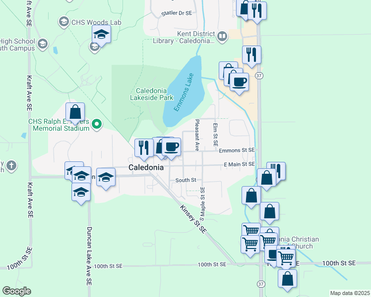 map of restaurants, bars, coffee shops, grocery stores, and more near 303 Emmons Street Southeast in Caledonia