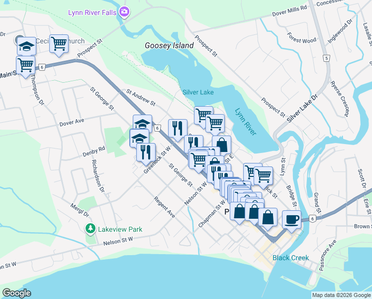 map of restaurants, bars, coffee shops, grocery stores, and more near 612 Main Street in Port Dover
