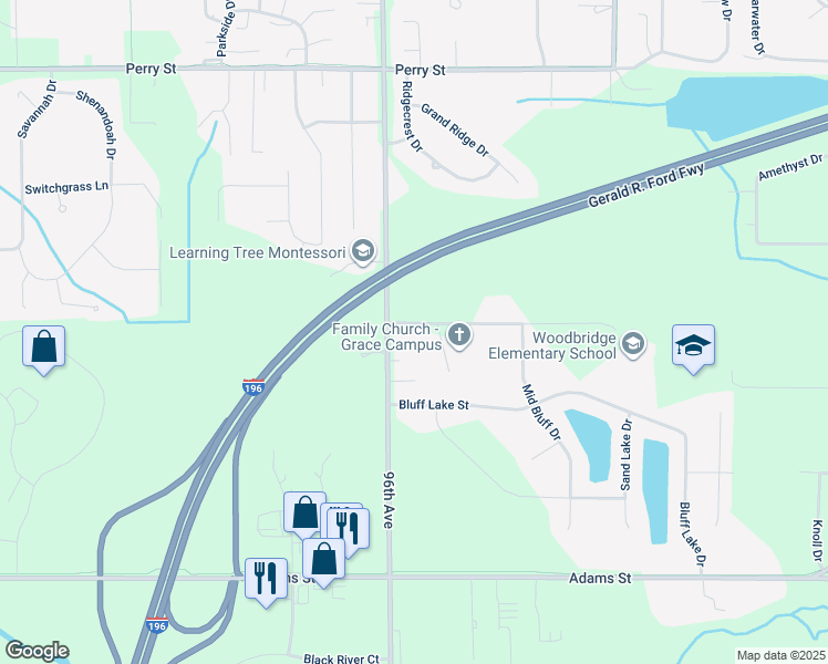 map of restaurants, bars, coffee shops, grocery stores, and more near 9560 Woodbridge Street in Zeeland