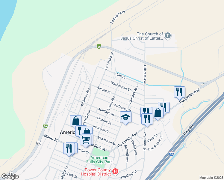 map of restaurants, bars, coffee shops, grocery stores, and more near 255 Adams Street in American Falls