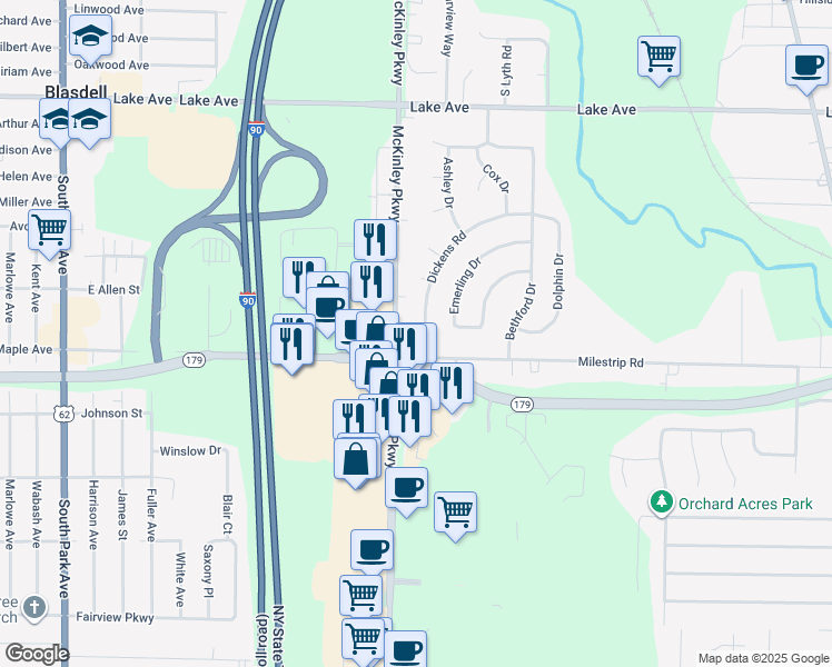 map of restaurants, bars, coffee shops, grocery stores, and more near 3484 Dickens Road in Buffalo