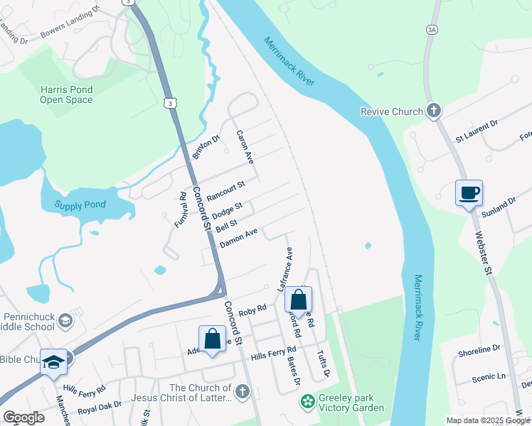 map of restaurants, bars, coffee shops, grocery stores, and more near 37 Bell Street in Nashua