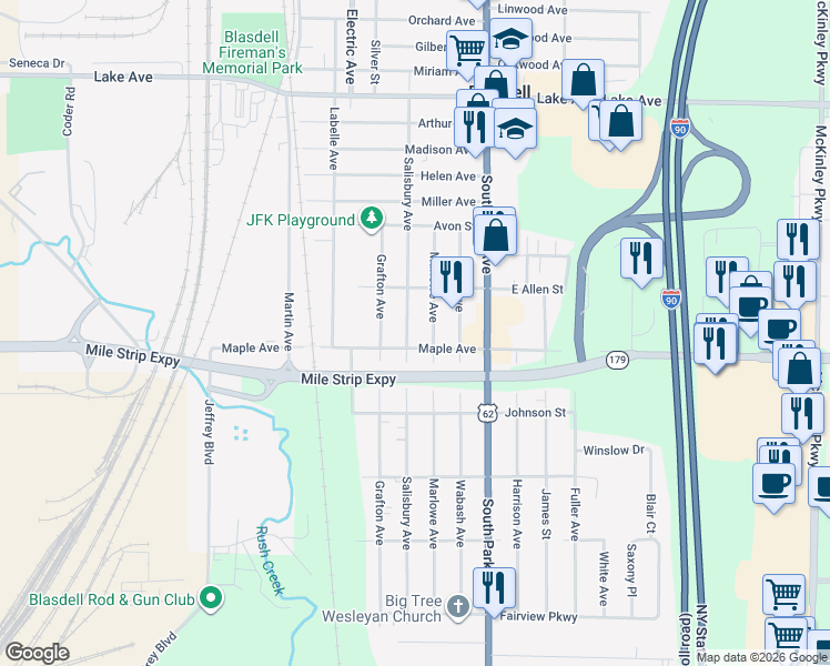 map of restaurants, bars, coffee shops, grocery stores, and more near 88 Salisbury Avenue in Buffalo