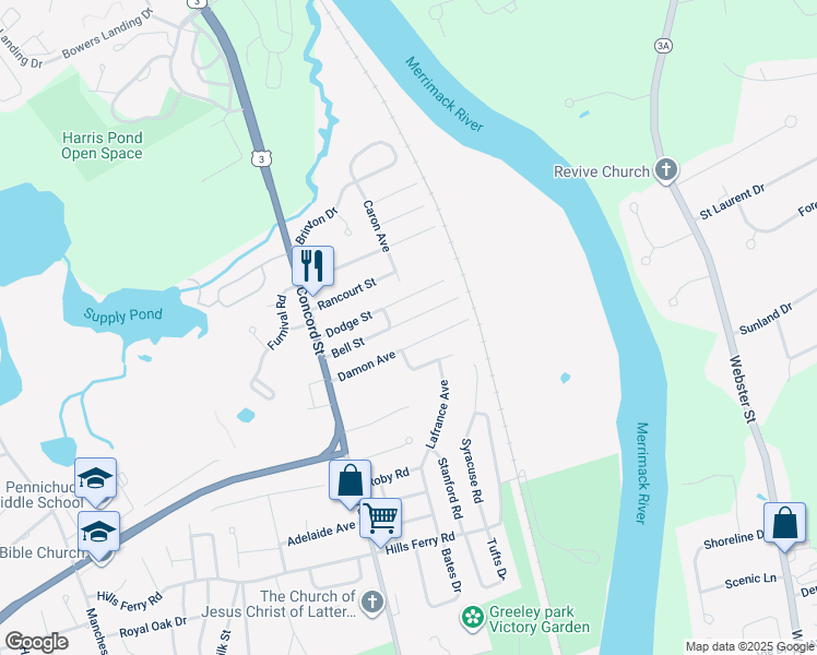 map of restaurants, bars, coffee shops, grocery stores, and more near 37 Bell Street in Nashua