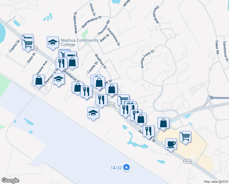 map of restaurants, bars, coffee shops, grocery stores, and more near 8 Kipford Way in Nashua