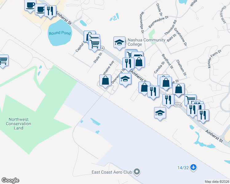 map of restaurants, bars, coffee shops, grocery stores, and more near 27 Regent Drive in Nashua