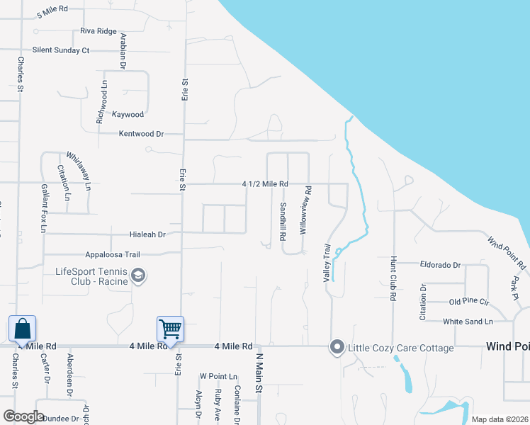 map of restaurants, bars, coffee shops, grocery stores, and more near 333 4 1/2 Mile Road in Racine
