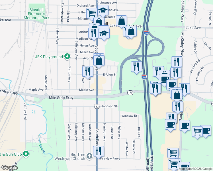map of restaurants, bars, coffee shops, grocery stores, and more near 4232 Milestrip Road in Buffalo