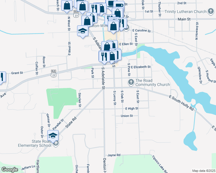 map of restaurants, bars, coffee shops, grocery stores, and more near 110 West South Holly Street in Fenton