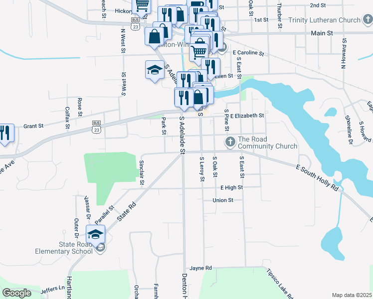 map of restaurants, bars, coffee shops, grocery stores, and more near 110 West South Holly Street in Fenton