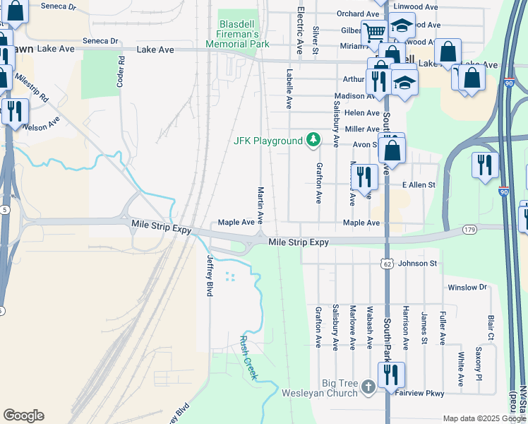 map of restaurants, bars, coffee shops, grocery stores, and more near 196 Martin Avenue in Blasdell