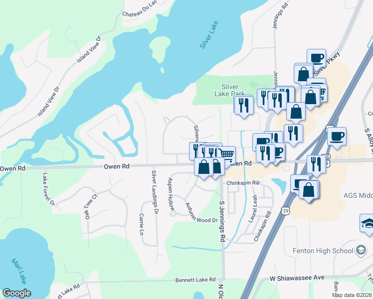map of restaurants, bars, coffee shops, grocery stores, and more near 4080 Split Rail Lane in Fenton