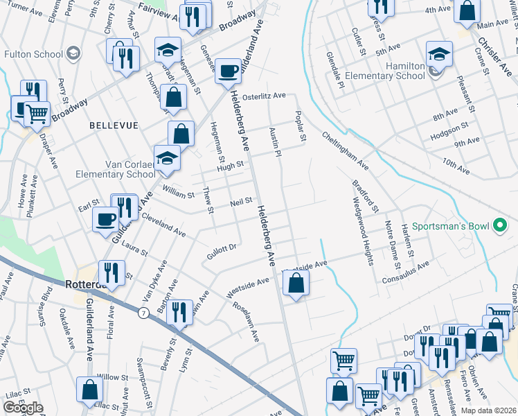map of restaurants, bars, coffee shops, grocery stores, and more near 1216 Helderberg Avenue in Schenectady