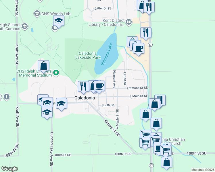 map of restaurants, bars, coffee shops, grocery stores, and more near 303 Emmons Street Southeast in Caledonia