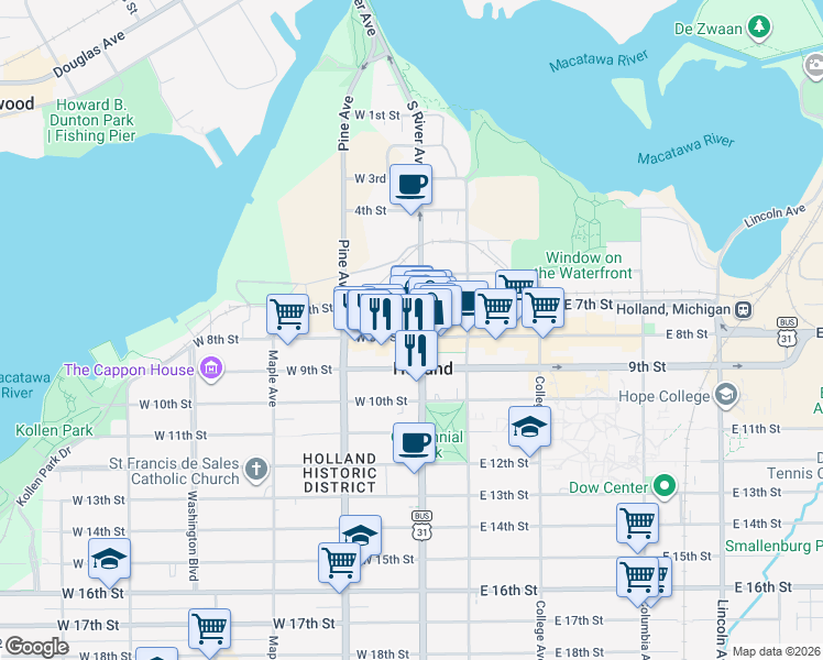 map of restaurants, bars, coffee shops, grocery stores, and more near 35 West 8th Street in Holland