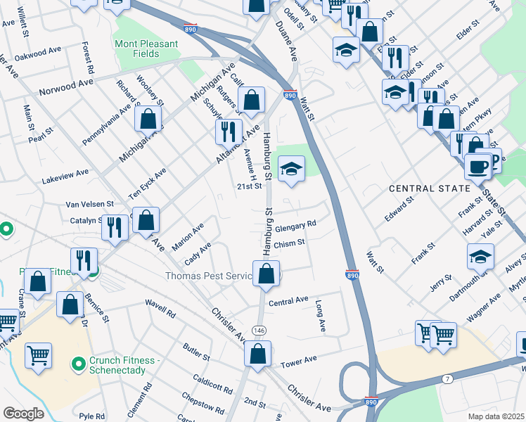 map of restaurants, bars, coffee shops, grocery stores, and more near 1850 Hamburg Street in Schenectady