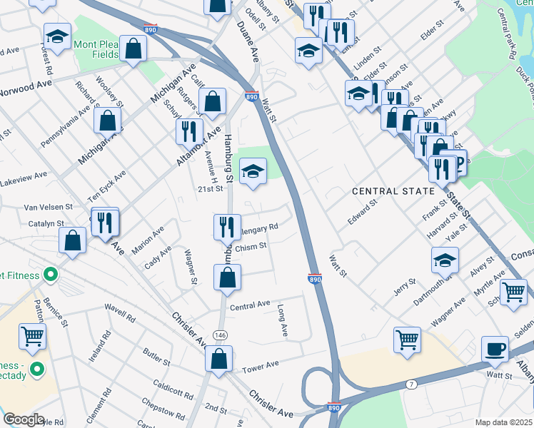 map of restaurants, bars, coffee shops, grocery stores, and more near 326 Abbottsford Road in Schenectady