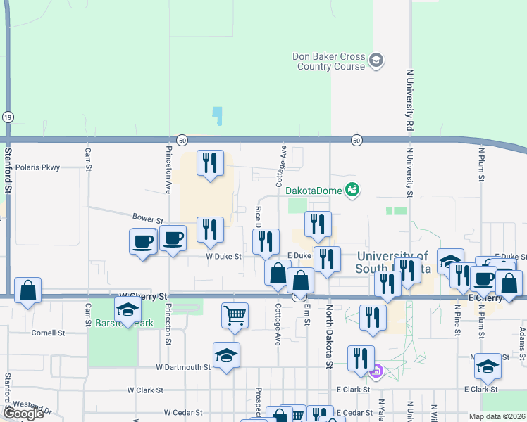 map of restaurants, bars, coffee shops, grocery stores, and more near 1021 Rice Drive in Vermillion