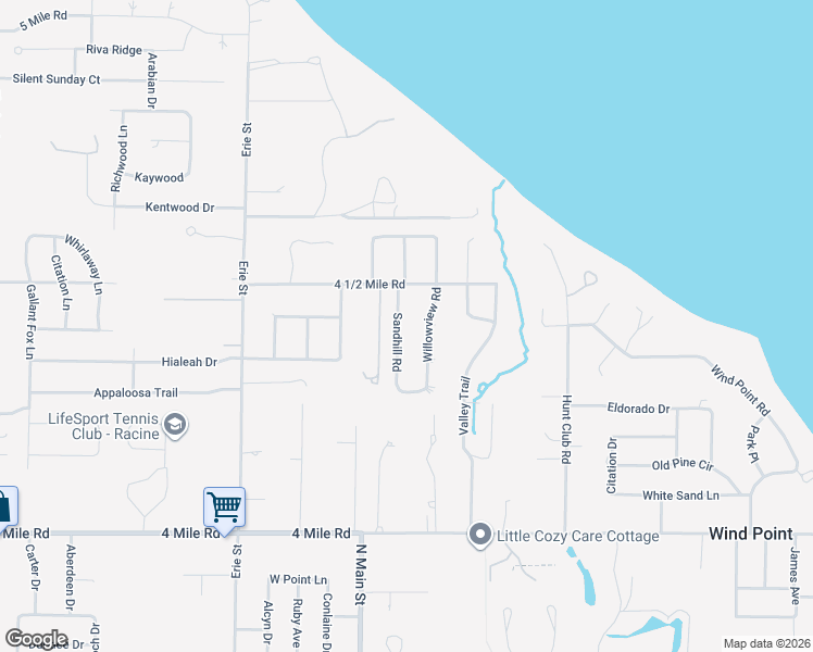 map of restaurants, bars, coffee shops, grocery stores, and more near 5329 Sandhill Road in Racine