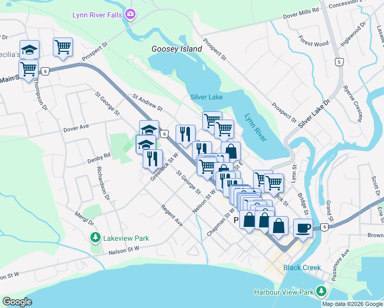 map of restaurants, bars, coffee shops, grocery stores, and more near 616 Main Street in Port Dover