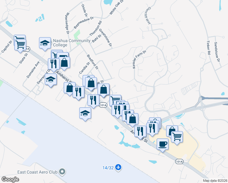 map of restaurants, bars, coffee shops, grocery stores, and more near 9 Duckford Circle in Nashua