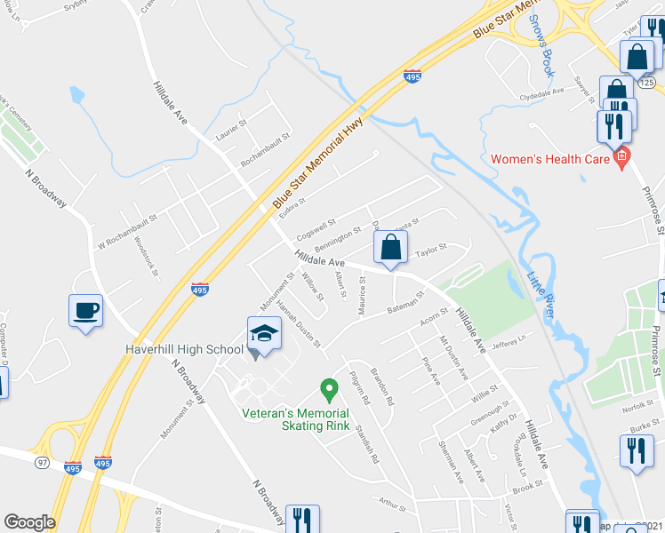 map of restaurants, bars, coffee shops, grocery stores, and more near 8 Albert Street in Haverhill