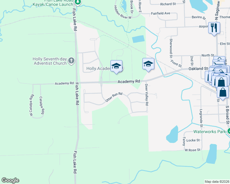 map of restaurants, bars, coffee shops, grocery stores, and more near 441 Otter Run Road in Holly