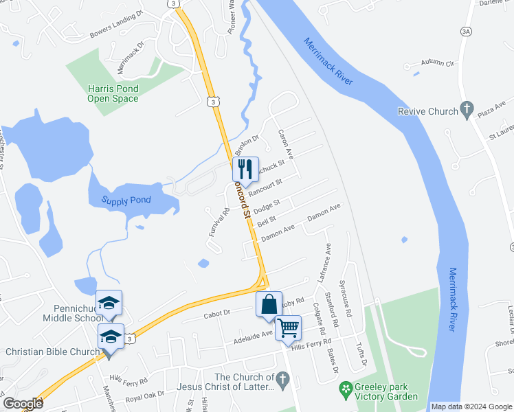 map of restaurants, bars, coffee shops, grocery stores, and more near 6 Dodge Street in Nashua