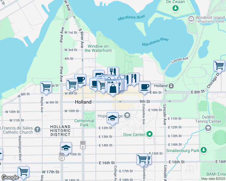 map of restaurants, bars, coffee shops, grocery stores, and more near 61 East 8th Street in Holland