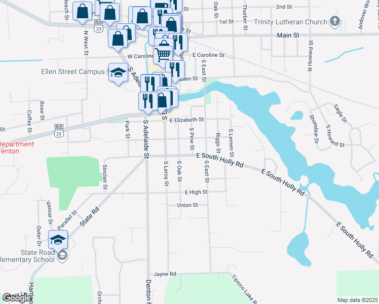 map of restaurants, bars, coffee shops, grocery stores, and more near 217 East South Holly Road in Fenton