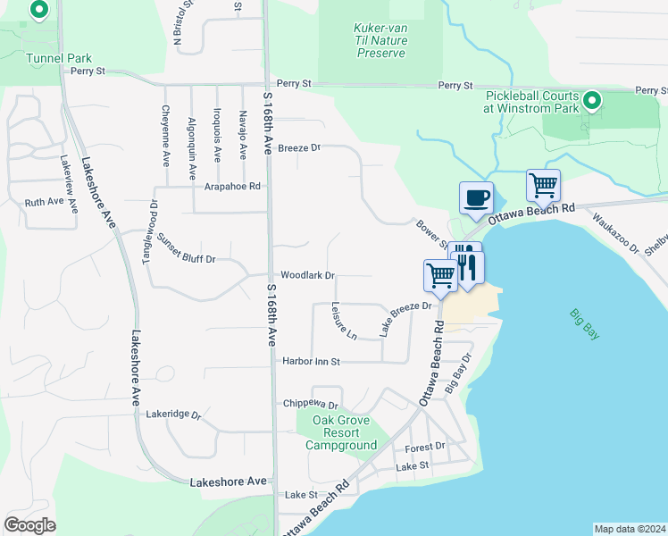 map of restaurants, bars, coffee shops, grocery stores, and more near 2035 Woodlark Drive in Holland