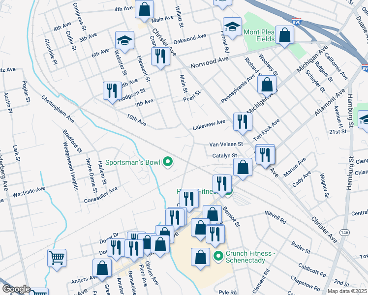 map of restaurants, bars, coffee shops, grocery stores, and more near 1626 Crane Street in Schenectady