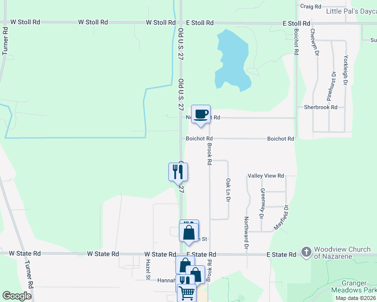 map of restaurants, bars, coffee shops, grocery stores, and more near 15600 Brook Road in Lansing