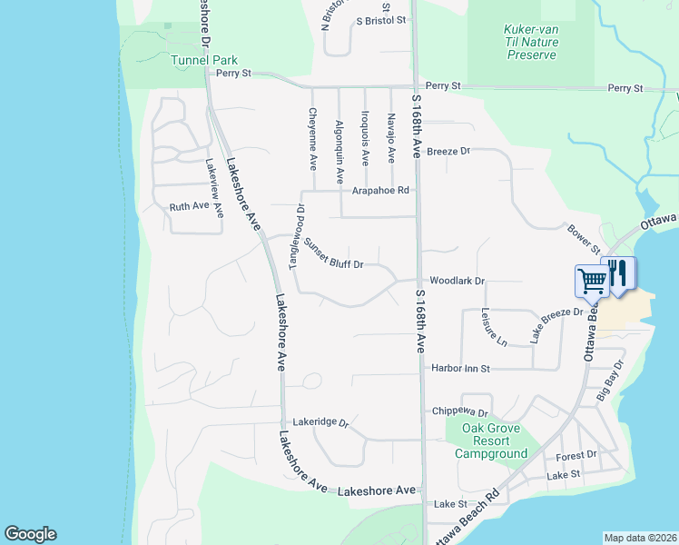 map of restaurants, bars, coffee shops, grocery stores, and more near 2214 Sunset Bluff Drive in Holland
