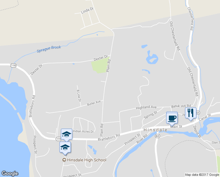 map of restaurants, bars, coffee shops, grocery stores, and more near 76 Plain Road in Hinsdale