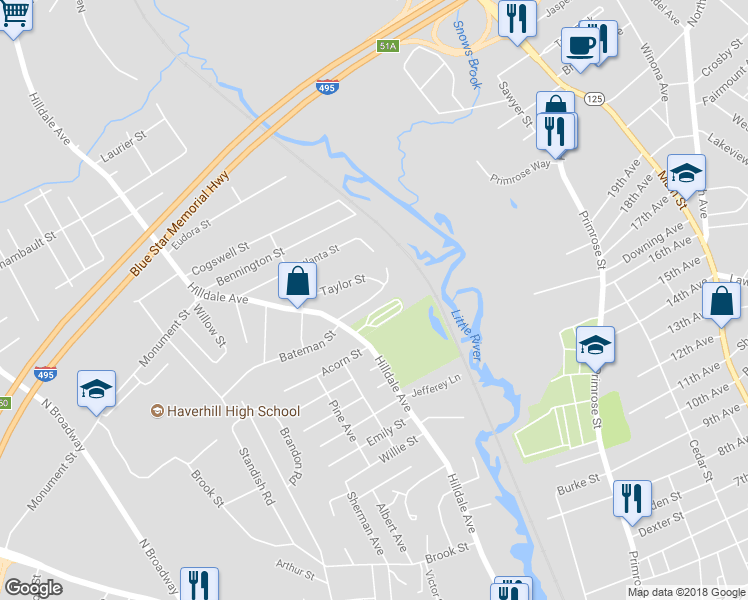 map of restaurants, bars, coffee shops, grocery stores, and more near 39 Saint Botolph Street in Haverhill