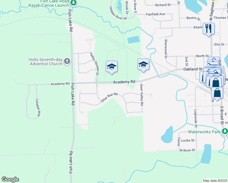 map of restaurants, bars, coffee shops, grocery stores, and more near 445 Otter Run Rd in Holly