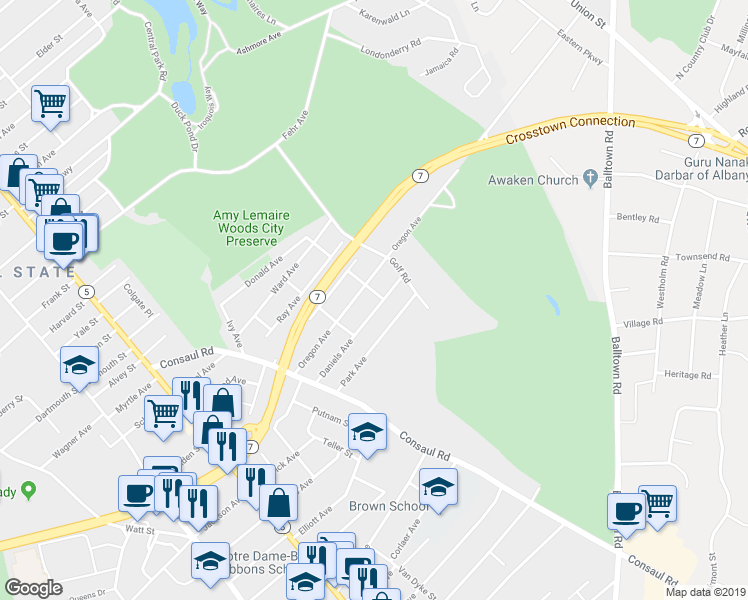 map of restaurants, bars, coffee shops, grocery stores, and more near 295 Daniels Avenue in Schenectady