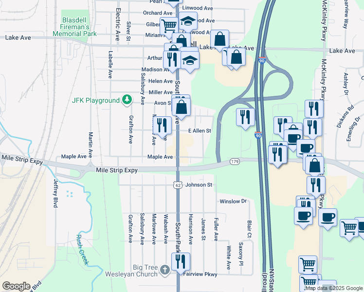 map of restaurants, bars, coffee shops, grocery stores, and more near 3918 South Park Avenue in Buffalo