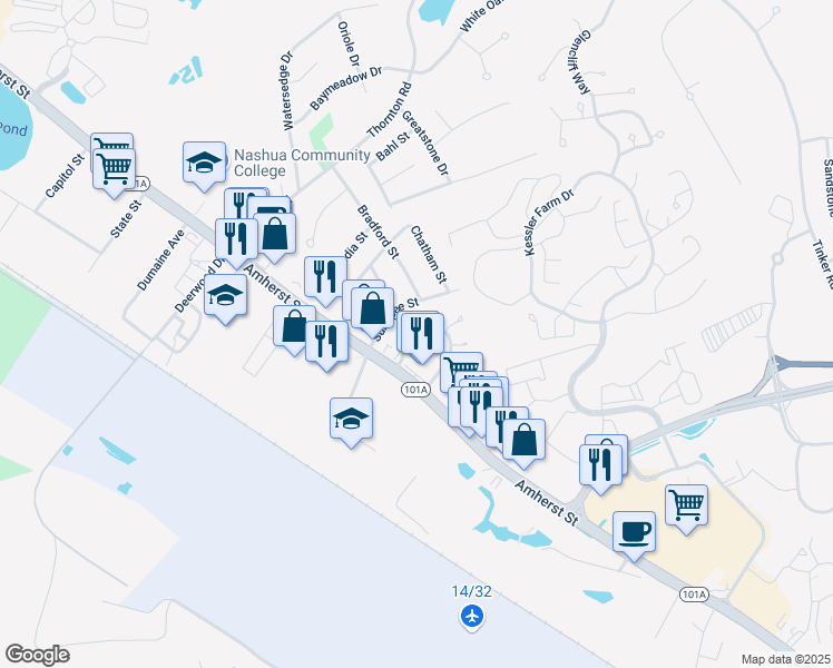 map of restaurants, bars, coffee shops, grocery stores, and more near 8 Kipford Way in Nashua